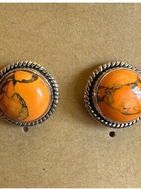 Genuine Orange Dendritic Agate Round .925 Sterling Silver Stud Earrings